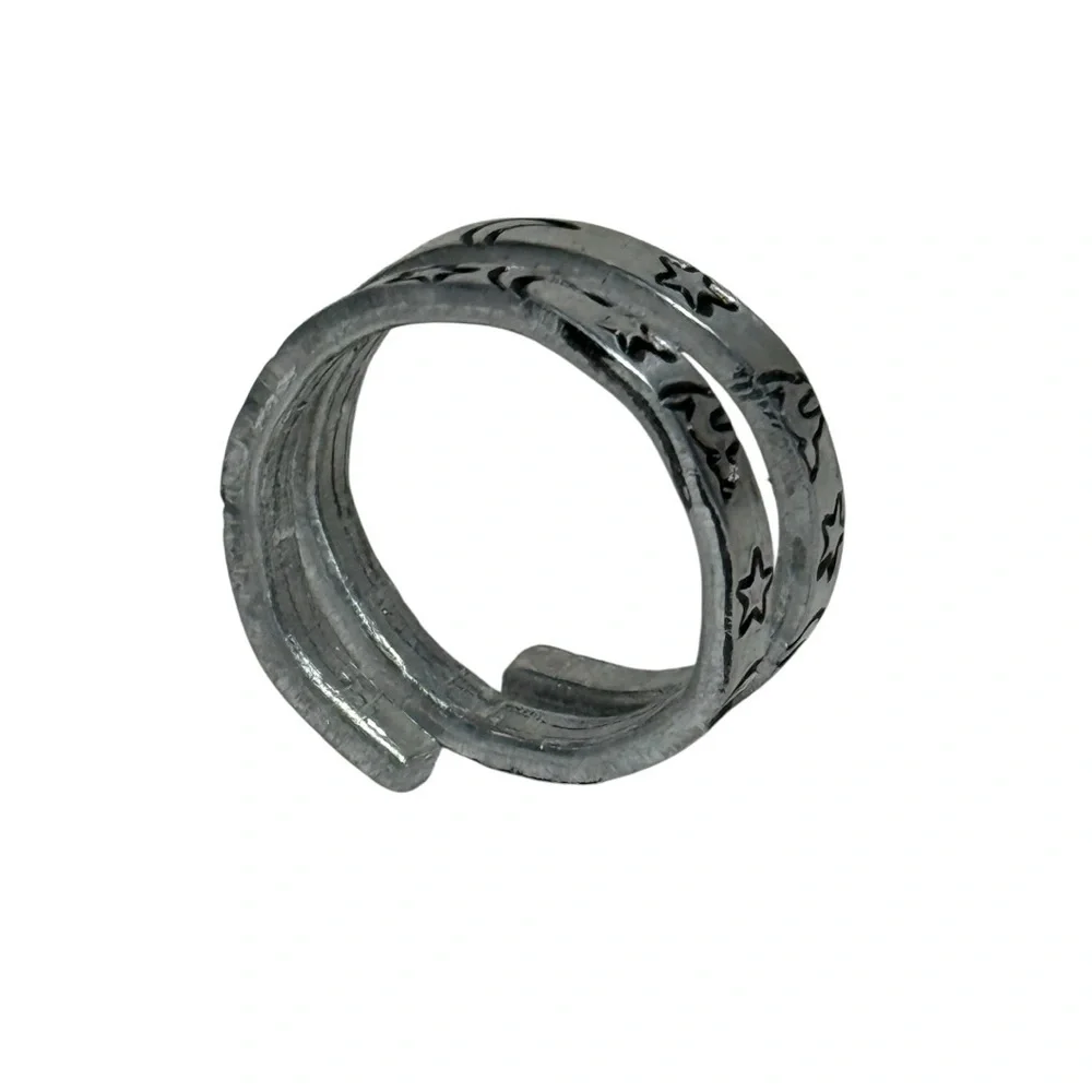Handmade stamped witch core celestial black‎ cat silver adjustable wrap ring